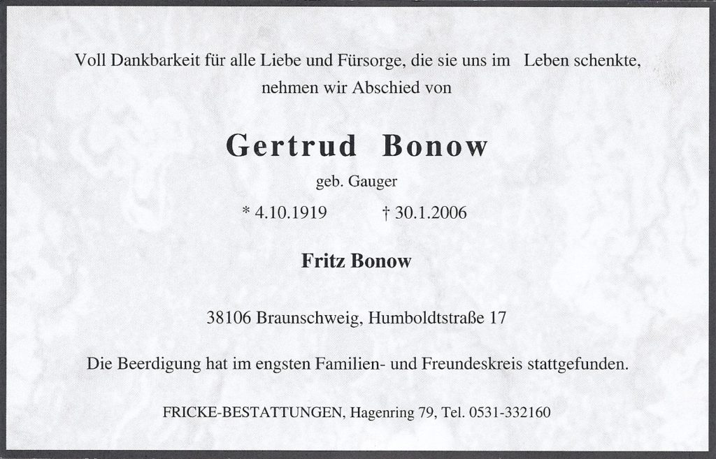 Sterbeanzeige Gertrud Bonow geb Gauger