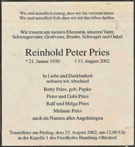 Sterbeanzeige Reinhold Peter Pries
